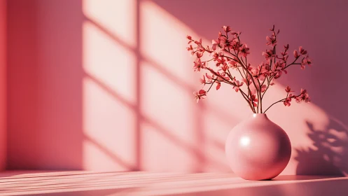 Soft pink vase and blossoms glow in warm window light.