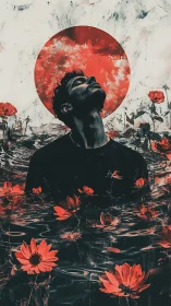 Man in crimson water under eclipsed sun ascends inward