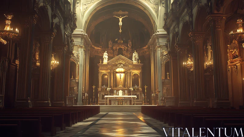 Golden cathedral sanctuary glowing with quiet evening light.