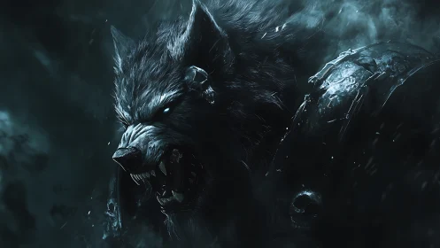Ferocious armored werewolf rendered in moody teal backlight.