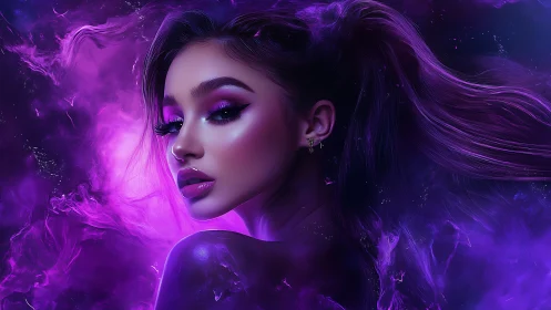 Digital portrait shows stylized woman in purple cosmic haze