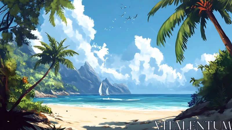 Tropical Beachscape with Sailboat Under Cumulus Skies