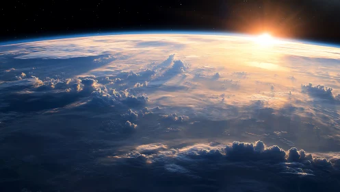 Sunrise over Earth horizon with glowing cloudscape from orbit.
