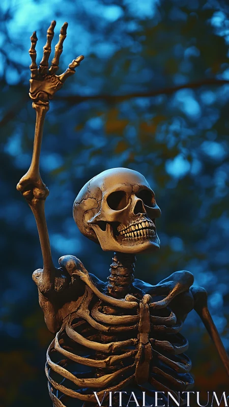 Skeleton raises hand against deep blue twilight background