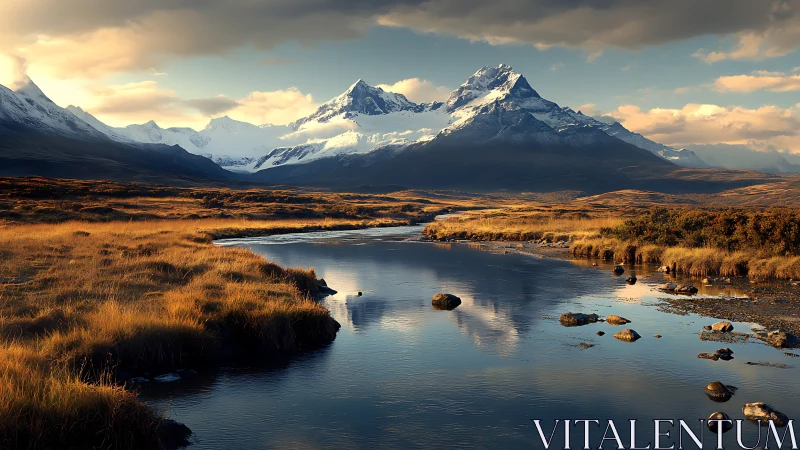 Sunlit river mirrors snow crowned mountains in quiet splendor.