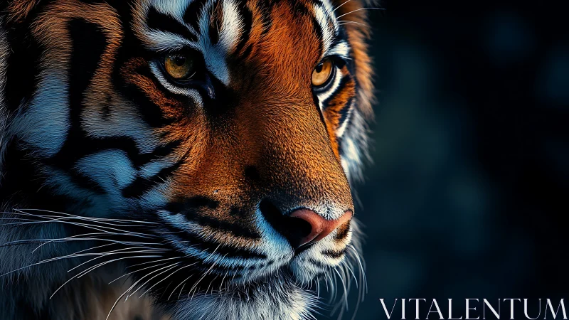 Hyperreal tiger portrait in dramatic low key composition.