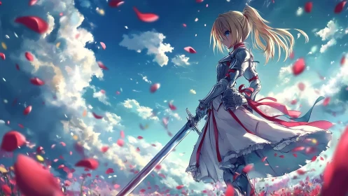 Armored anime heroine amid rose petals and stormlit sky.