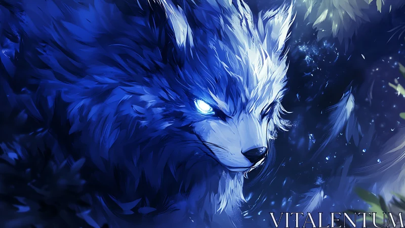 Luminous icewolf prowls through swirling midnight feathers