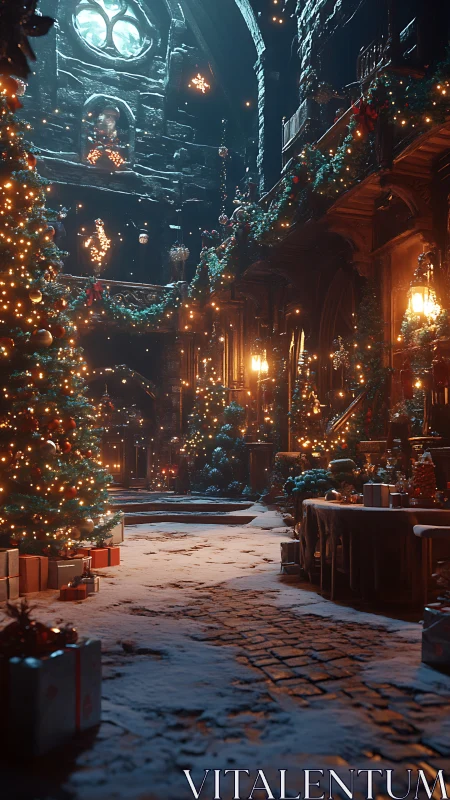 Snow-dusted Christmas courtyard with volumetric bokeh lighting effects