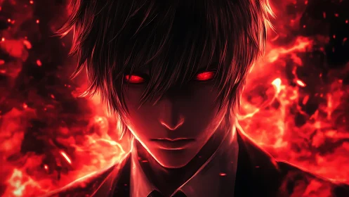 Infernal-eyed anime antihero framed in searing crimson flames.