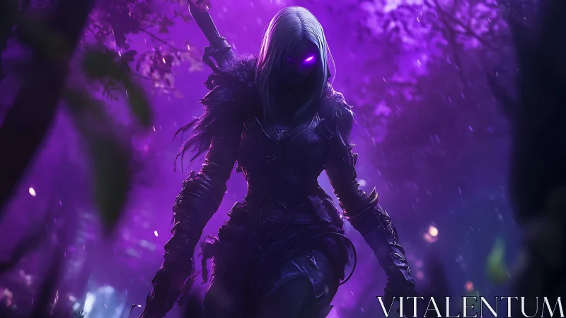 Stealth archer in iridescent armor advances through neon fog forest