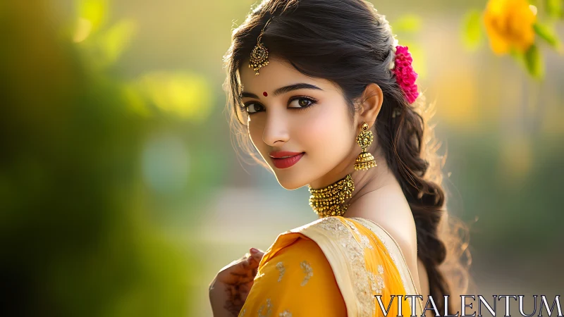 Portrait of woman in yellow saree with gold jewelry.