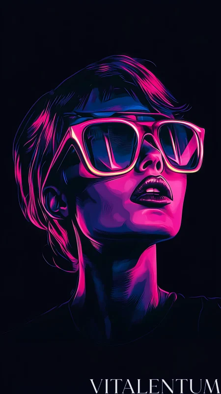 Neon-lit portrait with oversized futuristic sunglasses.