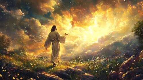 Sunlit path to the heavens through a glowing wildflower field.