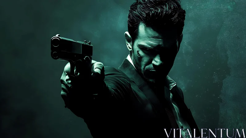 Hitman portrait with gun in moody teal lighting.