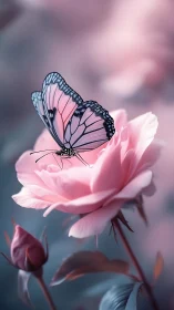 Pastel butterfly resting on dewy rose in dreamy light.