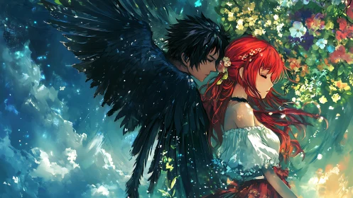 Winged guardian embraces red-haired girl in floral dreamscape.