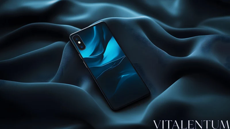 Sleek smartphone on smooth dark silk fabric, modern and elegant.