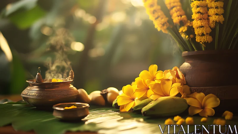 Sunlit Hindu offering still life with brass incense vessel