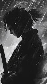 Solitary samurai silhouette in storm-soaked grayscale rain.