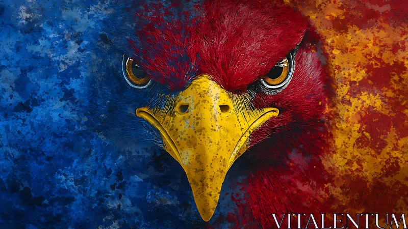 Fierce Eagle Portrait in Abstract Blue, Red, and Yellow Art Style.