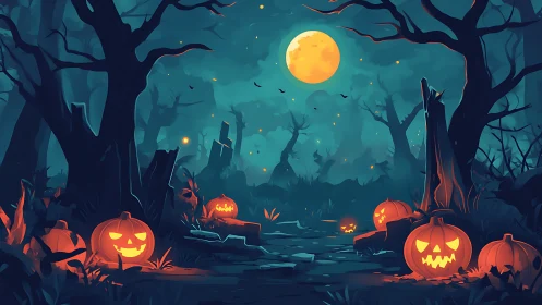 Glowing jack-o&rsquo;-lantern path curves through spectral moonlit forest