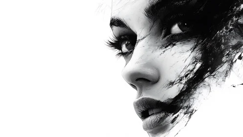 Monochrome female portrait dissolves into abstract ink strokes.