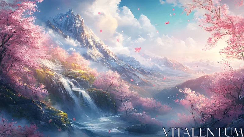 Dreamlike cherry blossom valley unfolds beneath crystal peaks