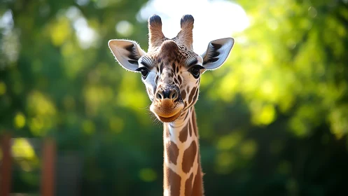 Gentle giraffe gazing curiously in soft golden sunlight.
