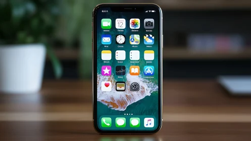 iPhone Home Screen with Organized App Icons Against Blurred Background.