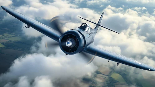 Single-prop military aircraft flies above stratocumulus cloud deck