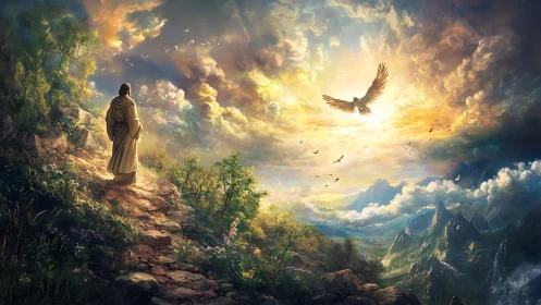 Mystic robed figure watching radiant eagle over valley.