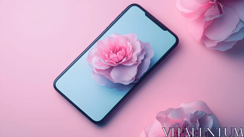 Modern smartphone with blooming pink flower in pastel aesthetic.