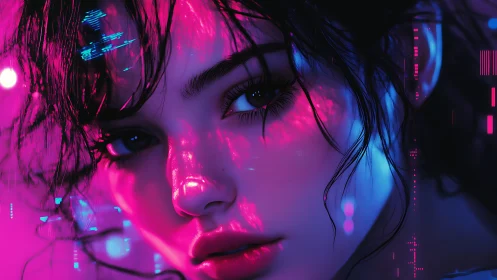 Digital portrait shows neon lit female face in close focus