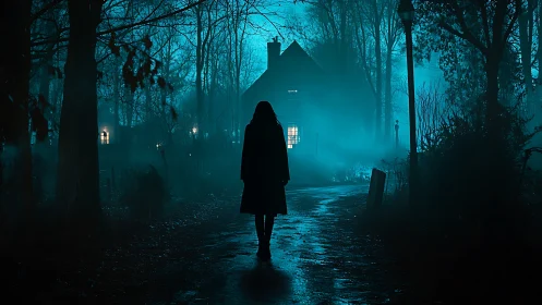 Silhouette walks toward foggy house under eerie blue moonlight.