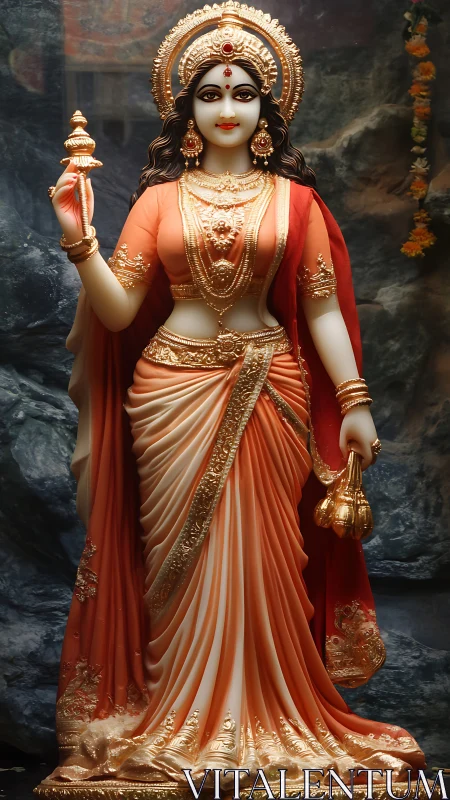 Polychrome goddess idol with ornate drapery and metallic regalia.