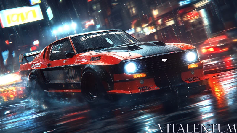 Red race car on wet city street at night in rainfall.