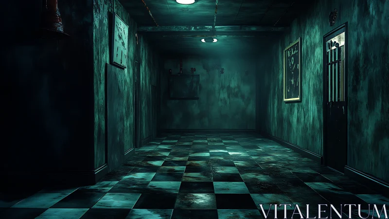 Decayed teal corridor with wet checkerboard tiles and lights