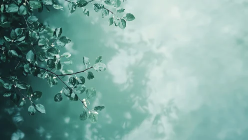 Dewy green leaves branch with soft light, tranquil nature scene.