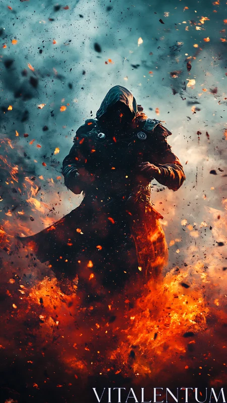 Hooded warrior strides through explosive firestorm in defiance