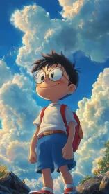 Anime boy under cumulus sky in warm backlit perspective