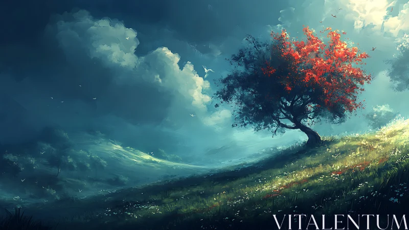 Digital painting of lone crimson tree on luminous hillside.
