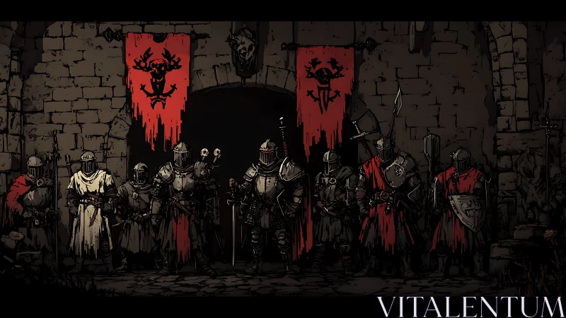 Armored knights assemble before blood-red war banners.