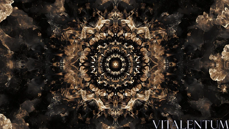 Radial golden-brown fractal mandala on dark background.