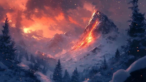 Volcanic fissure ignites snowbound peak under incandescent sky