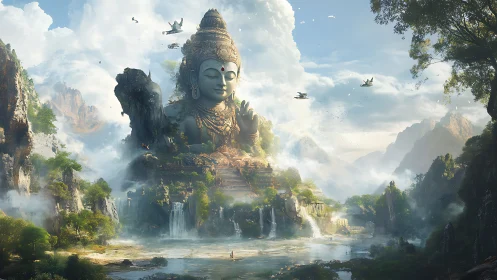 Colossal mountain deity statue above misty waterfalls.
