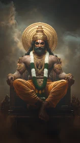 Regal seated deity with ornate golden crown and garlands.