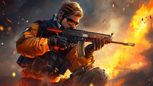 Armed soldier in firefight with rifle and explosions.