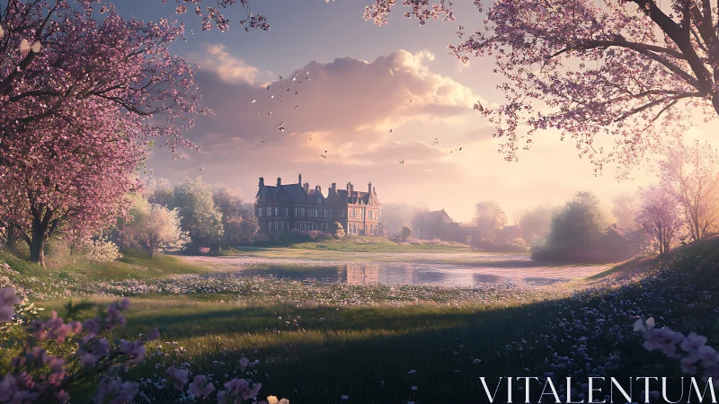 Spring manor by reflective pond under pastel sunset sky