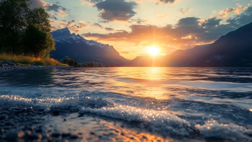 Sunset over mountain lake with glowing shoreline ripples.